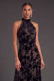 Floral Black High Neck A-Line Long Formal Dress with Bow