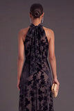 Floral Black High Neck A-Line Long Formal Dress with Bow
