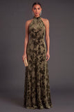 Floral Black High Neck A-Line Long Formal Dress with Bow
