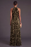 Floral Black High Neck A-Line Long Formal Dress with Bow