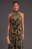 Floral Black High Neck A-Line Long Formal Dress with Bow