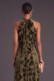 Floral Black High Neck A-Line Long Formal Dress with Bow