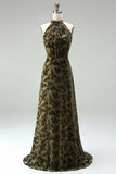 Floral Black High Neck A-Line Long Formal Dress with Bow