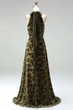 Floral Black High Neck A-Line Long Formal Dress with Bow
