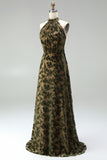 Floral Black High Neck A-Line Long Formal Dress with Bow