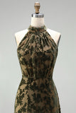 Floral Black High Neck A-Line Long Formal Dress with Bow