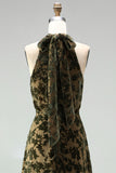 Floral Black High Neck A-Line Long Formal Dress with Bow