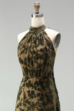 Floral Black High Neck A-Line Long Formal Dress with Bow
