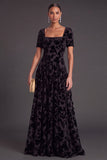 Floral Peacock Blue Square Neck A-Line Long Formal Dress with Sleeves