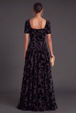 Floral Peacock Blue Square Neck A-Line Long Formal Dress with Sleeves