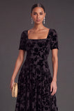Floral Peacock Blue Square Neck A-Line Long Formal Dress with Sleeves