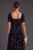 Floral Peacock Blue Square Neck A-Line Long Formal Dress with Sleeves