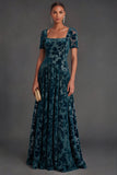 Floral Peacock Blue Square Neck A-Line Long Formal Dress with Sleeves