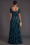 Floral Peacock Blue Square Neck A-Line Long Formal Dress with Sleeves