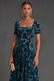Floral Peacock Blue Square Neck A-Line Long Formal Dress with Sleeves