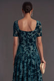 Floral Peacock Blue Square Neck A-Line Long Formal Dress with Sleeves