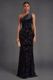 Olive Floral Ruched One Shoulder Mermaid Long Formal Dress