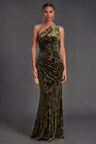 Olive Floral Ruched One Shoulder Mermaid Long Formal Dress
