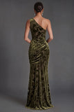 Olive Floral Ruched One Shoulder Mermaid Long Formal Dress