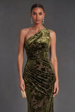 Olive Floral Ruched One Shoulder Mermaid Long Formal Dress