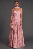 Pink Floral Strapless Ruched A-Line Long Formal Dress with Neck Scarf