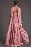 Pink Floral Strapless Ruched A-Line Long Formal Dress with Neck Scarf