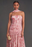 Pink Floral Strapless Ruched A-Line Long Formal Dress with Neck Scarf