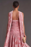 Pink Floral Strapless Ruched A-Line Long Formal Dress with Neck Scarf