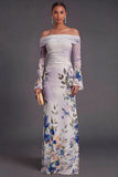 Ivory Floral Off the Shoulder Sheath Long Formal Dress with Sleeves
