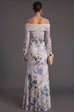 Ivory Floral Off the Shoulder Sheath Long Formal Dress with Sleeves