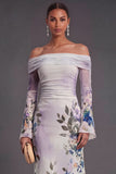 Ivory Floral Off the Shoulder Sheath Long Formal Dress with Sleeves