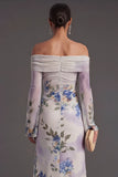Ivory Floral Off the Shoulder Sheath Long Formal Dress with Sleeves