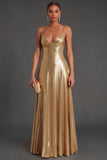 Metallic Gold Spaghetti Straps A-Line Long Formal Dress