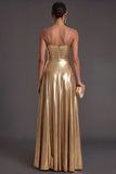 Metallic Gold Spaghetti Straps A-Line Long Formal Dress