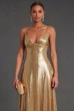 Metallic Gold Spaghetti Straps A-Line Long Formal Dress