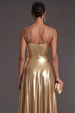 Metallic Gold Spaghetti Straps A-Line Long Formal Dress