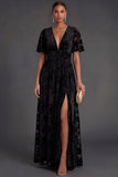Black Floral V-Neck A-Line Long Formal Dress with Slit