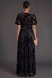 Black Floral V-Neck A-Line Long Formal Dress with Slit