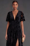 Black Floral V-Neck A-Line Long Formal Dress with Slit
