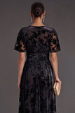 Black Floral V-Neck A-Line Long Formal Dress with Slit