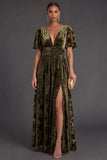 Black Floral V-Neck A-Line Long Formal Dress with Slit
