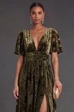 Black Floral V-Neck A-Line Long Formal Dress with Slit