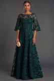 Dark Green Sparkly Sequins Boat Neck A-Line Long Formal Dress