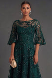 Dark Green Sparkly Sequins Boat Neck A-Line Long Formal Dress