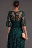 Dark Green Sparkly Sequins Boat Neck A-Line Long Formal Dress