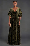 Olive Floral V-Neck A-Line Puff Sleeves Long Formal Dress