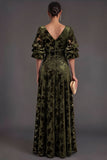 Olive Floral V-Neck A-Line Puff Sleeves Long Formal Dress