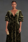 Olive Floral V-Neck A-Line Puff Sleeves Long Formal Dress