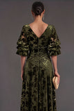 Olive Floral V-Neck A-Line Puff Sleeves Long Formal Dress
