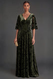 Floral Olive V-Neck A-Line Ruched Long Formal Dress with Sleeves